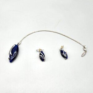 SARAH Blue Pointed Oval Necklace Earrings Set Silver Tone